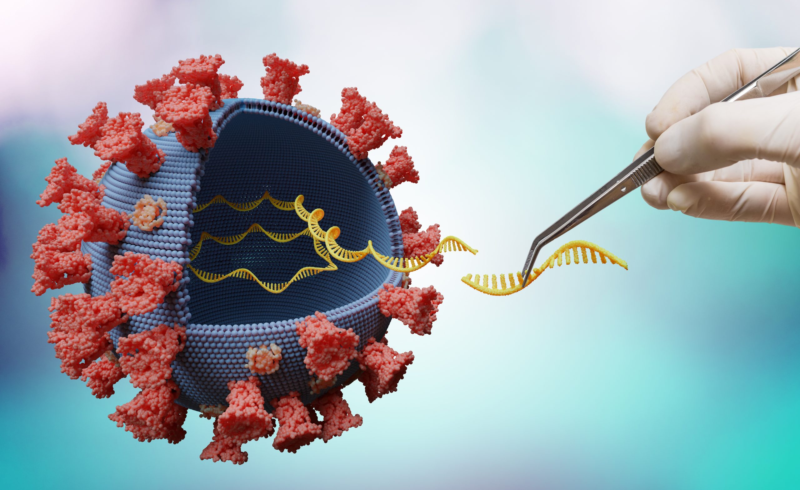 Scientist is modifying genes in RNA of virus in laboratory. Biology and viral genetics concept.