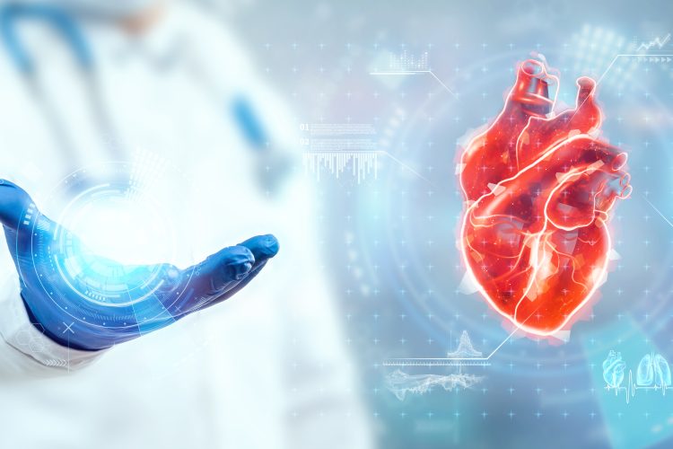 The doctor looks at the Heart hologram, checks the test result on the virtual interface, and analyzes the data. Heart disease, myocardial infarction, innovative technologies, medicine of the future