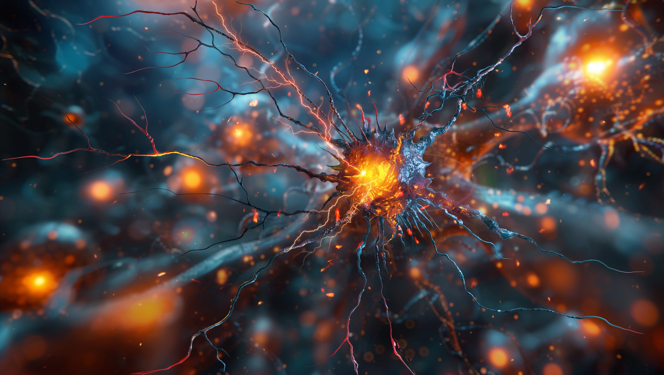 Human neuron cell, unit of nervous system, synaptic transmission of nerve impulses.