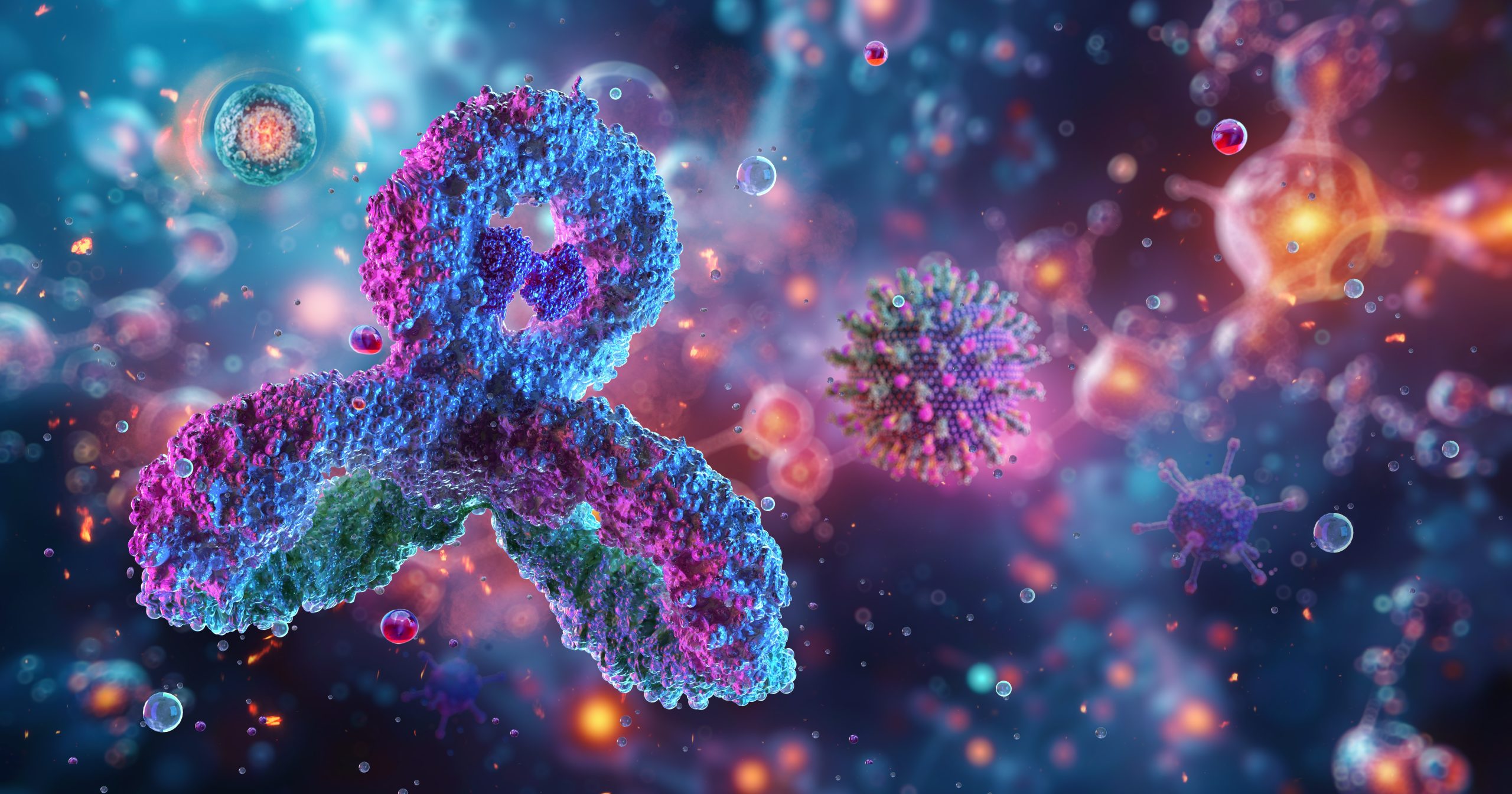 Antibodies, immunoglobulin Ig proteins 3D medical image. Immune system, IgM, IgG, IgE, IgD, IgA antibodies glycoproteins, specific antigens against virus. Vital components of the immunity response