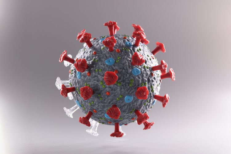 Close-up of coronavirus bacteria plastic model, micro virus and covid-19 cell bacteria. Worldwide pandemic and corona outbreak concept